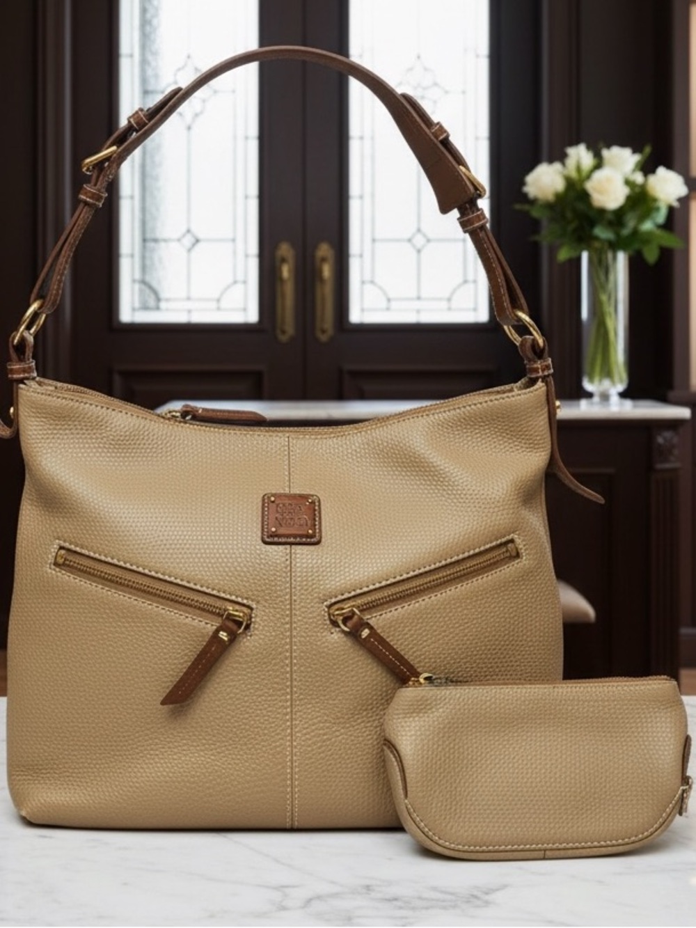 Dooney & Bourke Pebbled Leather Backpack Taupe Brown Trim + Matching Zip Pouch